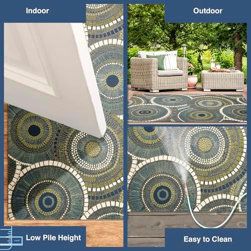 Liora Manne Marina Indoor/Outdoor Power Loomed Synthetic Blend Low Profile Area Rug - Transitional Geometric Casual Medallion Colorful (Circles Azure) (6'6" x 9'4") - Image 3