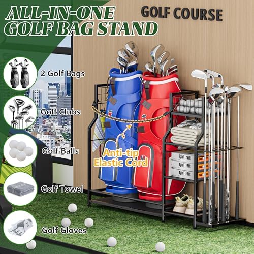 Golf Bag Storage Organizer for Golf Accessories, Golf Bag Stand with Extra Storage Rack for Golf Clubs & Golf Essentials, Golf Bag Holder for Garage Organization Fits 2 Bags, Metal & Wood Construction - Image 3