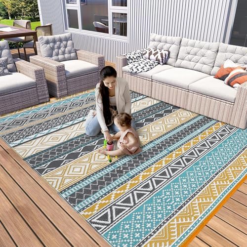 Reversible Mat 8x10 Plastic Straw Rug Outdoor Rug Bohemian Area Rug Waterproof Patio Rug Outdoor Camping Rug for RV Porch Deck Camper Balcony Backyard Easy Cleaning Picnic Mat Yellow Teal - Image 4