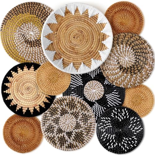 11 Pcs Boho Hanging Wall Basket Decor Handmade Woven Basket Wall Decorative Boho Wicker Baskets Placemats Round Farmhouse Bulrush Art for Rustic Home Decorations Christmas Gift(Stylish) by Xuhal