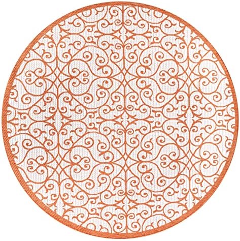 Eyely Filigree Weave Round Rug 5 Ft Cream/Orange, Indoor Outdoor Rug - Image 3