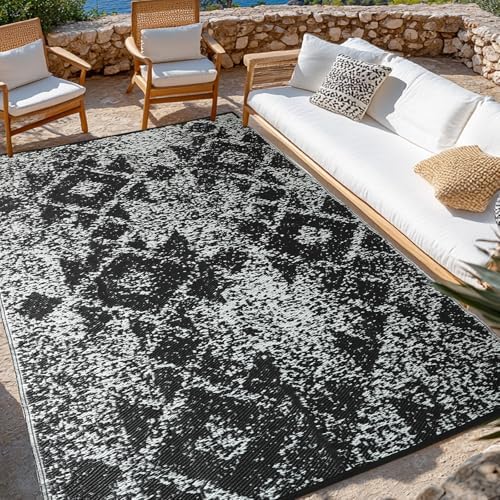 PASAMIC 8x10ft Outdoor Rug Waterproof, Reversible Plastic Straw Outdoor Patio Rug Clearance, Portable Indoor Outdoor Carpet for Patio, RV, Deck, Balcony, Backyard, Picnic, Beach, Mosaic Gray by PASAMIC