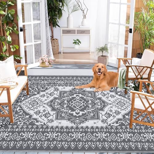 COZYLOOM Waterproof Outdoor Rug 9x18 ft, Plastic Reversible Rug, Vintage Area Rug, Large Floor Mat with 4 Stakes for Outdoors, RV, Patio, Backyard, Deck, Picnic, Beach, Camping, Grey & White - Image 2