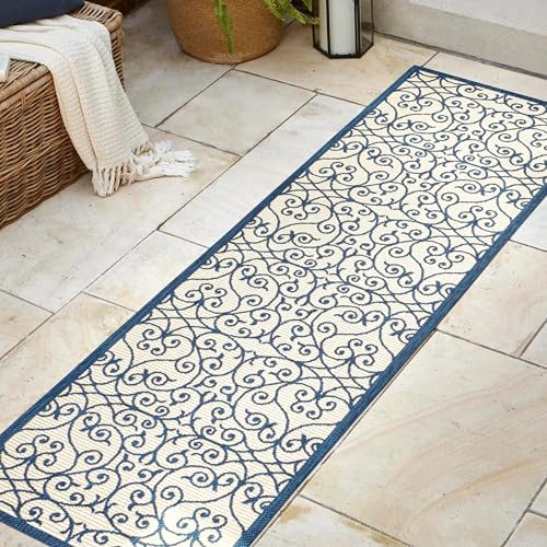 Eyely Filigree Textured Weave Runner Rug 2X8 Navy/Beige, Indoor Outdoor Rug by eyely