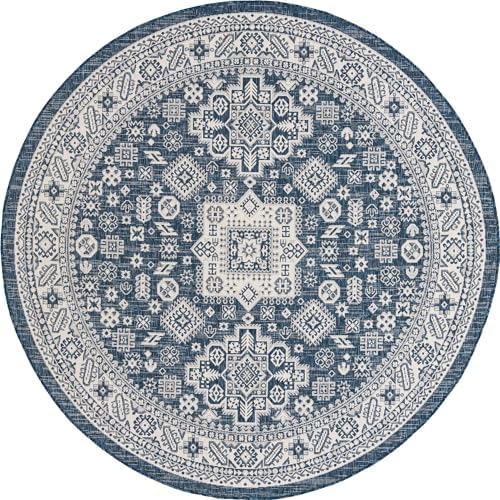 Rugs.com - Outdoor Aztec Rug – 8 Ft Round Blue Indoor/Outdoor Rug – Weather-Resistant Flatweave for Patios, Decks, and Porches - Image 3