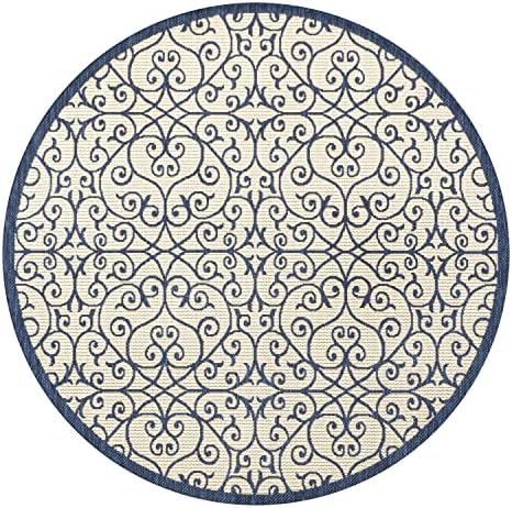 Eyely Filigree Textured Weave Round Rug 5 Ft Navy/Beige, Indoor Outdoor Rug - Image 3