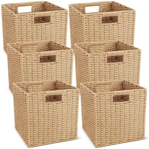 Newtay 6 Pcs Wicker Storage Baskets 9.8 x 9.8 in Cube Storage Bin Organizer Camel Square Foldable Wicker Baskets for Shelves Organizing Decor Laundry Pantry Toys by Newtay