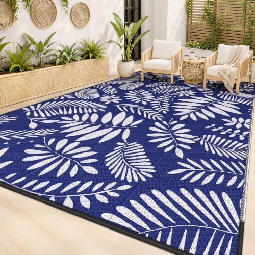 StepRite Outdoor Rug, Patio Rug, Plastic Straw Camping Rugs, Large Waterproof Area Rug and Mat for Outdoors, RV, Patio, Backyard, Deck, Porch, Beach, Balcony, (8'x 10', White & Blue) by Bringcushiontoyourlife