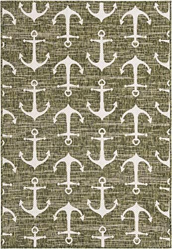 Unique Loom Outdoor Coastal Collection Area Rug - Ahoy (4' 1" x 6' 1" Rectangle, Green/ Ivory) - Image 3