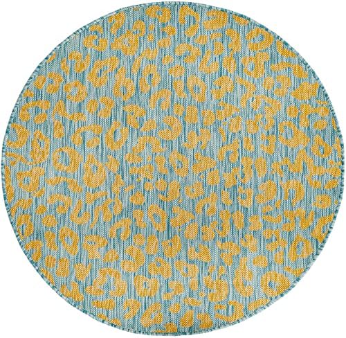 Unique Loom Outdoor Safari Collection Area Rug - Leopard (4' 1" Round, Blue Yellow/ Blue) - Image 3