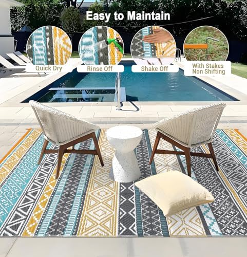GlowSol Large Outdoor Rugs 10x20 Waterproof Portable Camping Carpet, Reversible Outdoor Plastic Straw Rug for Patio, RV Mat Bohemian Outdoor Rugs for Porch, Deck, Backyard, Balcony, Picnic,Yellow/Teal - Image 4