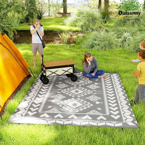 Outsunny Outdoor Rug for Patio Waterproof 9' x 12' Black & White Rhombus - Image 3