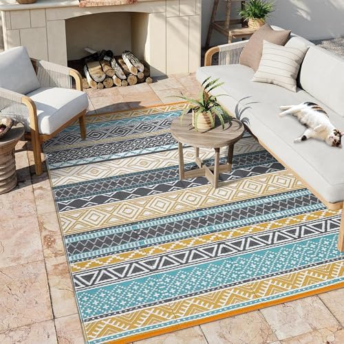 Large Outdoor Rug 10x14 Plastic Straw Rug for Patio Boho Reversible Mats Waterproof Camping Rugs for RV Beach Deck Picnic Backyard Porch Easy Cleaning Floor Mat Yellow Teal - Image 7