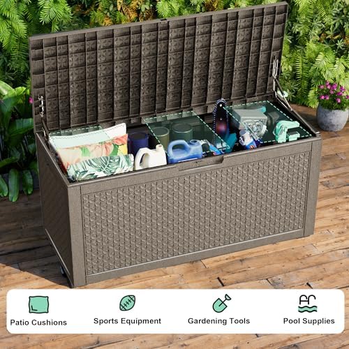 Outdoor Waterproof Resin Storage Deck Box Lockable Outside Bench UV Resistant Bin Patio Porch Furniture Pool Float Garden Tool Cushion (Grey, 110 Gallon) - Image 6
