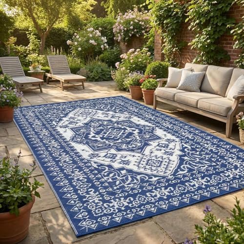 Outdoor Patio Rug 10x20 Outdoor Rug Medallion Plastic Straw Rugs for Patio Reversible Mat Waterproof Camping Rugs for RV Beach Deck Picnic Backyard Porch Easy Clean Floor Cover, Dark Blue by Unknown
