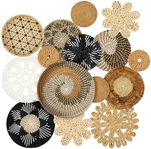 Xuhal 15 Pcs Boho Wall Basket Decor Handcrafted Seagrass Woven Wall Basket Rustic Round Woven Hanging Art for Home Farmhouse Kitchen Table Living Room(Stylish Style) by Xuhal