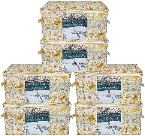 Kuber Industries Foldable Underbed Storage Bag|Organizer For Clothes Large|Non-Woven Comforter, Blanket Cover|Metalic Print & Side Handle|Pack of 6 (Cream) by Kuber+Industries