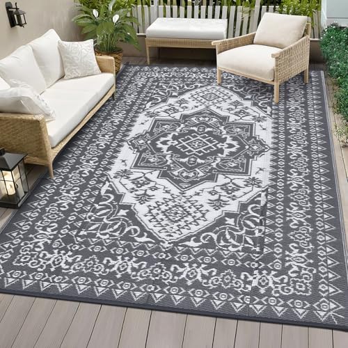 COZYLOOM Large Outdoor Rug 8x10 Patio Waterproof Reversible Mat Palm Retro Oriental Camping Rugs Indoor Outdoor Rugs Carpet Plastic Straw Rug for Deck Balcony Pool RV Camping, Grey and White by COZYLOOM
