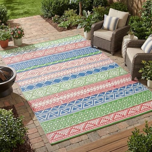 Outdoor Plastic Straw Rug 10x14 Large Patio Rug Vintage Boho Floor Mat Waterproof Rugs for Patio Reversible Outdoor Rugs for RV Beach Porch Camping Backyard Deck Picnic, Green Blue by Unknown