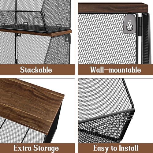 3-Pack Stackable Wire Basket with Wood Lid - Wall Mounted Fruit & Vegetable Bowl for Kitchen, Potato & Onion Storage - Image 4