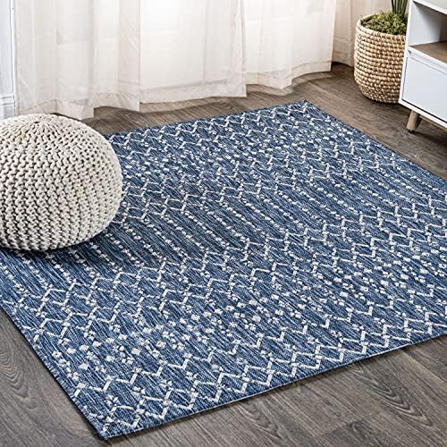 Eyely Moroccan Woven Square Rug 5X5 Navy/Light Gray, Indoor Outdoor Rug by eyely