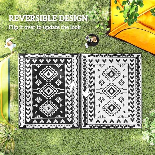 Outsunny Outdoor Rug for Patio Waterproof 8' x 10' Black & White Rhombus - Image 7