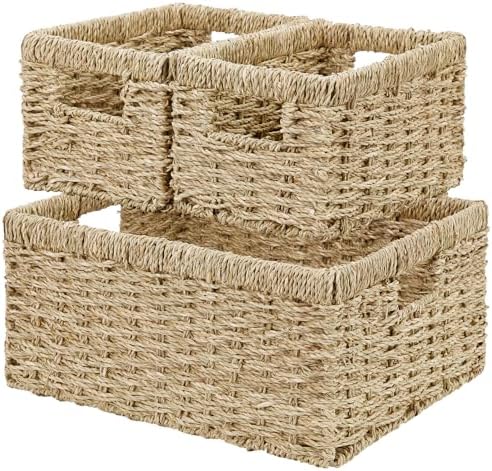 Vagusicc Wicker Basket, Set of 3 Hand-woven Storage Baskets for Organizing, Seagrass Wicker Storage Basket Bins with Handles, Small Toilet Paper Storage Baskets for Shelves Pantry Baskets (Seagrass) by Vagusicc