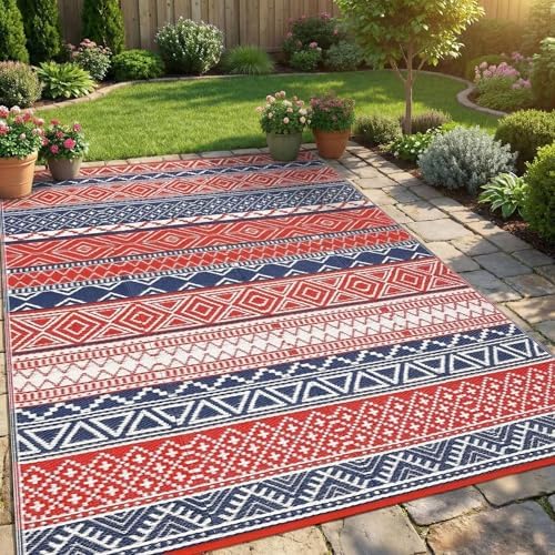 Outdoor Plastic Straw Rug 10x14 Large Patio Rug Vintage Boho Floor Mat Waterproof Rugs for Patio Reversible Outdoor Rugs for RV Beach Porch Camping Backyard Deck Picnic, Red Navy by Unknown