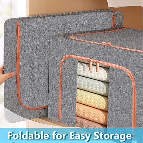 Clothes Storage Organizer - Stackable Storage Bags with Foldable Metal Frame, Zipper, Handles, Clear Window, Storage Container Box for Blanket Sweater Comforter Pillow (66L, Gray, 2 Pack) - Image 6