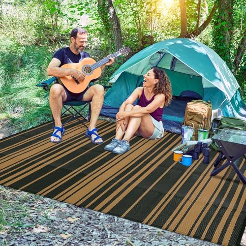 Outdoor Plastic Straw Rug 9x18 Waterproof Outside Rug, Large Modern Striped Reversible Floor Mats, Foldable & Lightweight Camping Carpet for Patio, Porch, Deck, Backyard, Balcony, Black Brown - Image 4