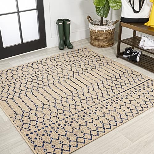 Eyely Moroccan Textured Weave Square Rug 6X6 Beige/Navy, Indoor Outdoor Rug by eyely