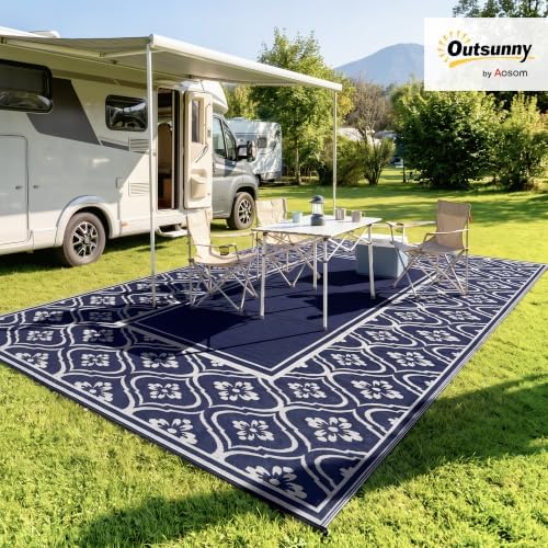 Outsunny Outdoor Rug for Patio Waterproof 9' x 18' Blue & White Gourd - Image 2
