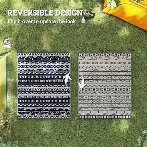 Outsunny Outdoor Rug for Patio Waterproof, 8' x 10', Blue White Geometric - Image 7