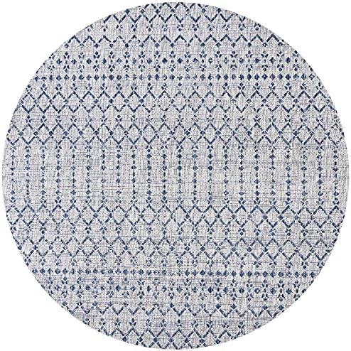 Eyely Moroccan Woven Round Rug 3 Ft Light Gray/Navy, Indoor Outdoor Rug by eyely