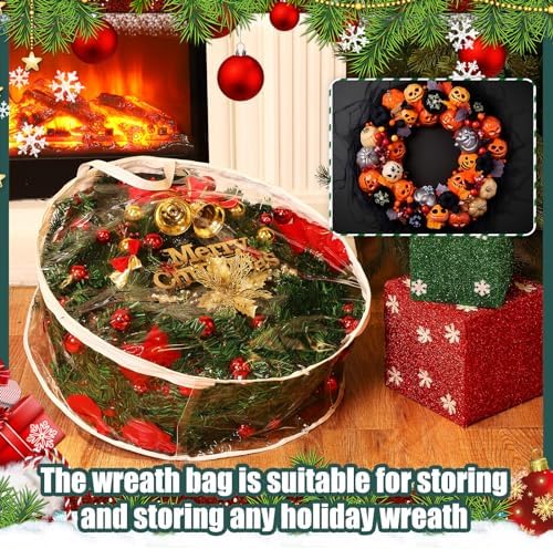 Zhengmy 15 Pcs 24 Inch Christmas Wreath Storage Bags Transparent Wreath Storage Container Bulk Wreaths Box with Dual Zippers and Handles for Xmas Holiday Wreaths Garland - Image 5