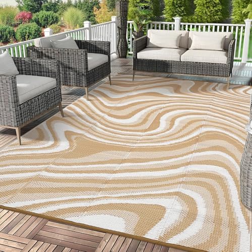 Garvee Modern Outdoor Rug 10x14 Waterproof Rug for Camping, Light Brown - Image 2