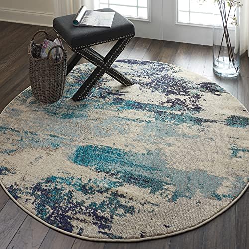 Nourison Home Celestial Ivory Teal Blue 5'3" x Round Area Rug - Easy Clean, Non Shedding, Bed Room, Living Room, Dining Room, Kitchen (5' x Round) - Image 4