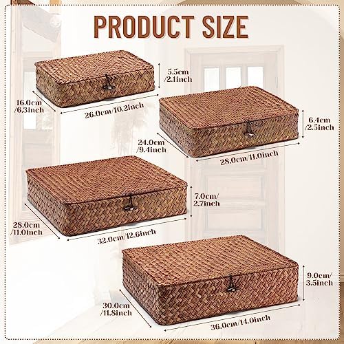 Didaey Set of 4 Seagrass Basket with Lid Wicker Storage Basket Decorative Storage Boxes with Lids Flat Storage Bins Woven Organizer Baskets for Shelf Closet Bedroom, 4 Sizes (Dark Brown) - Image 2