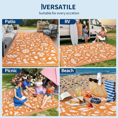 Garvee Outdoor Rug Waterproof 6x9 Floral Outdoor Plastic Straw Rug, Orange - Image 7