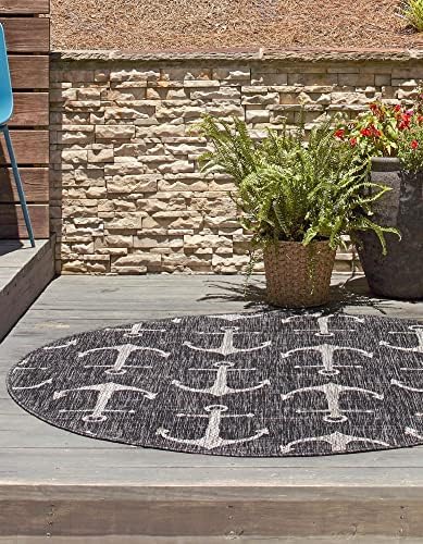 Unique Loom Outdoor Coastal Collection Area Rug - Ahoy (3' 3" Round, Charcoal/ Ivory) - Image 4