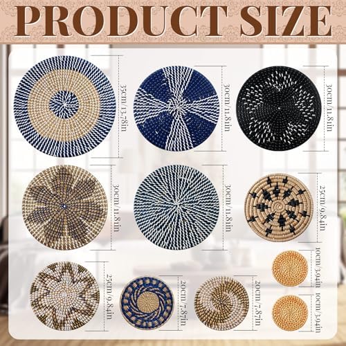 Tatuo 11 Pcs Boho Wall Basket Decor Woven Wall Hanging Art, Blue - Image 3