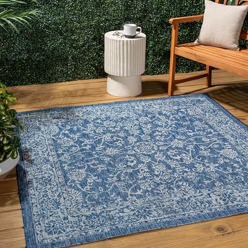 JONATHAN Y Weave Floral Indoor Outdoor Square Area Rug 4X4 Navy/Gray, Tela Bohemian Textured for Backyard, Patio, Porch, Easy-Cleaning, High Traffic, Pet-Friendly, Non-Shedding (SMB100B-4SQ) by JONATHANY