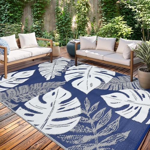 Waterproof 10x14 Outdoor Rug for Patio Reversible Plastic Straw Rug Floral Camping Carpet with Carry Bag, Stain & UV Resistant Portable RV Carpet for Camper Deck Balcony Porch Beach Picnic,Navy by GLOWSOL