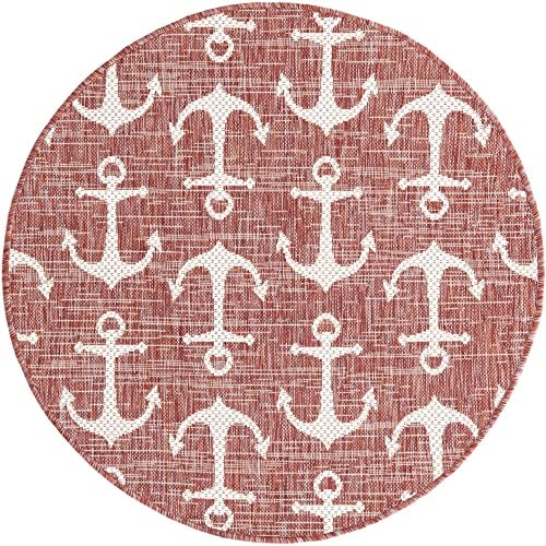 Unique Loom Outdoor Coastal Collection Area Rug - Ahoy (3' 3" Round, Rust Red/Ivory) - Image 3