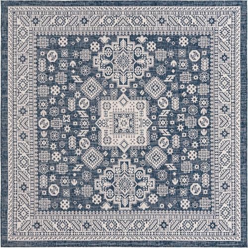 Rugs.com - Outdoor Aztec Rug – 8 Ft Square Blue Indoor/Outdoor Rug – Washable, Stain-Resistant, Perfect for Patios and Decks - Image 3
