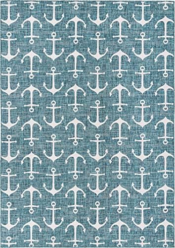 Unique Loom Outdoor Coastal Collection Area Rug - Ahoy (10'x 14' 1" Rectangle, Teal/ Ivory) - Image 2