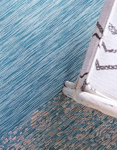 Unique Loom Outdoor Border Collection Area Rug - Floral Border (10' 8" Square, Aqua/ Ivory) - Image 6