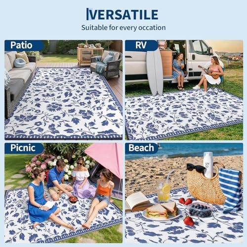 Garvee Camping Rugs for Outside Your RV 10x14 Floral Patio Rugs,Navy＆White - Image 7