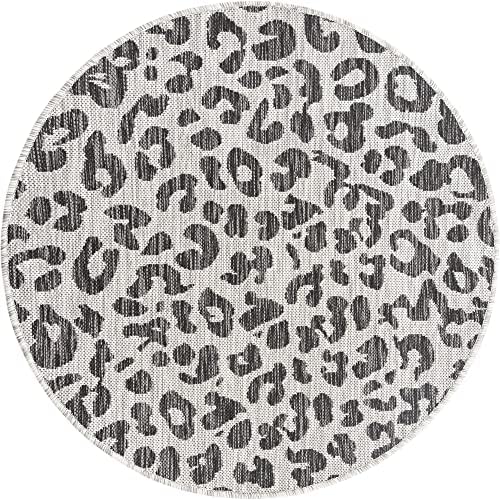Unique Loom Outdoor Safari Collection Area Rug - Leopard (3' 3" Round, Light Gray/Gray) - Image 3