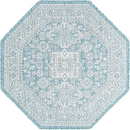 Rugs.com Outdoor Aztec Collection Rug – 5 Ft Octagon Aqua Flatweave Rug Perfect for Living Rooms, Kitchens, Entryways - Image 3